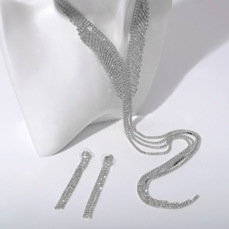 Set 2 objects: earrings, necklace "ice" path with a ladder, white color in silver, 39 cm
