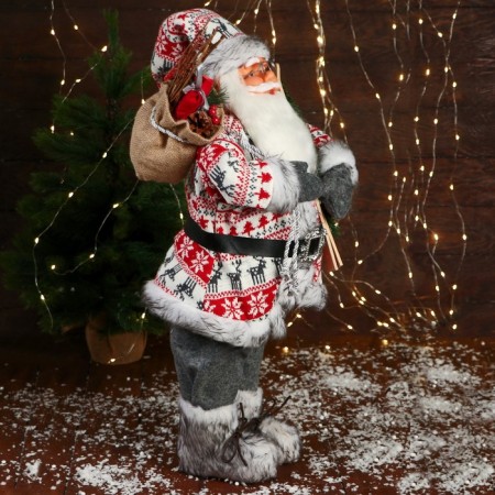 Santa Claus "In a suit with ornaments, skis and twigs" 60 cm, red-white-1