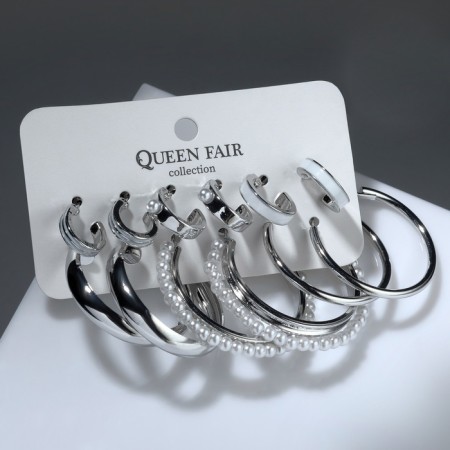 Ring earrings set 6 pairs "Youth" pearls, white color in silver, d = 3-1