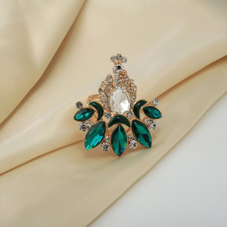 Ring for the scarf "Peacock", white-green color in gold