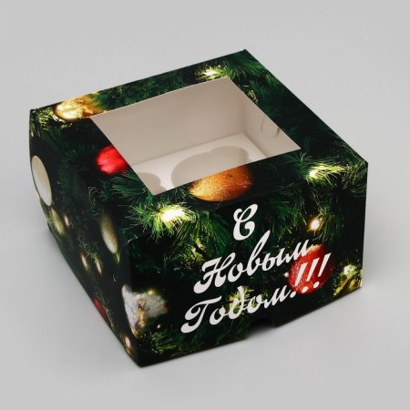 Packaging for 4 cupcakes with a window "Happy Christmas", 16 x 16 x 10 cm