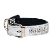 The collar is two-layer leather with rhinestones, width 2 cm, Osh 23-33 cm, silver