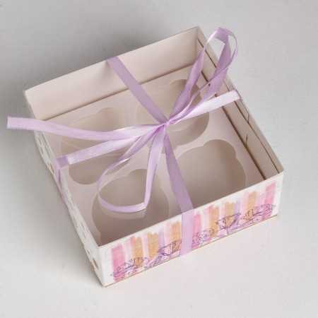 Capcake box, confectionery packaging, 4 cells "Flower Patterns", 16 x 16 x 7.5 cm-1