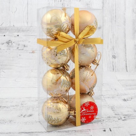 Set of balls plastic D-6 cm, 8 pcs "Snow Christmas trees" gold-1