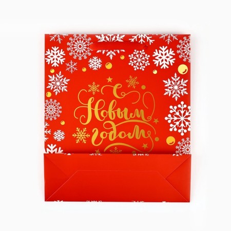 Package Gift New Year Laminated "Golden Snowflakes", M 30 x 26 x 9 cm, New Year-5