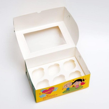 Packaging for 6 cupcakes with the window "Love is...", yellow, 25 x 17 x 10 cm-5