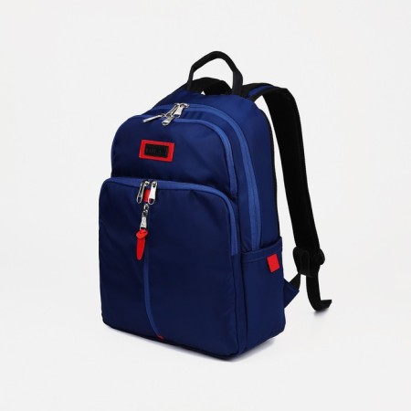 A backpack with a zipper, Rise, 2 external pockets, a laptop department, blue color