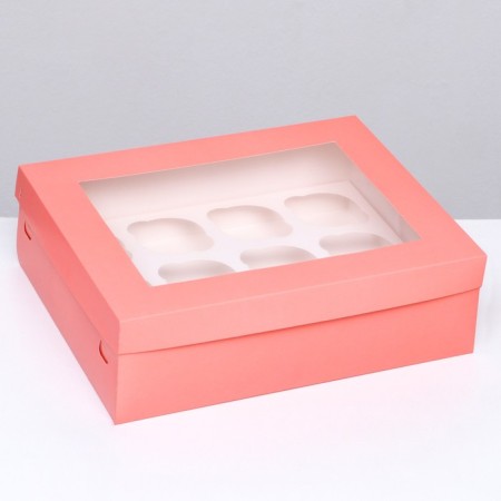 Packaging for 12 cupcakes with a window, pink, 32.5 x 25.5 x 10 cm