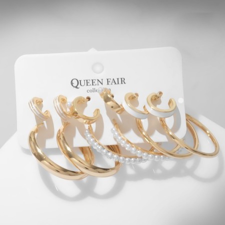 Road earrings set 6 pairs "Youth" pearls, white color in gold, d = 3-1