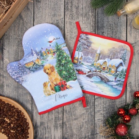 Set of kitchen. Ethel "Christmas Evening": 19x19 cm, mittens-throw 20x28 cm, 100