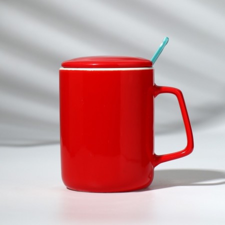Ceramic mug with a spoon and a “Happy New Year” lid, 400 ml, red color-6