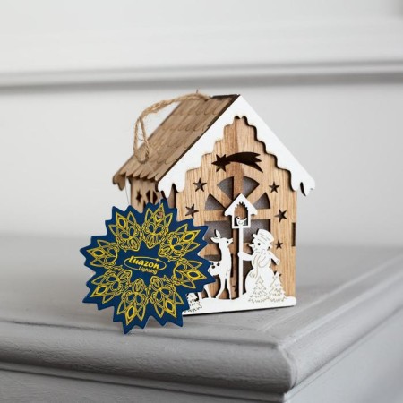 Christmas tree toy "House with a deer and a snowman", from batteries, a glow of warm white-3