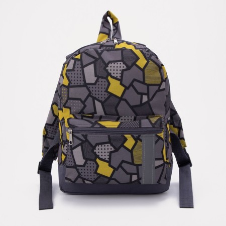 A backpack with a zipper, an outer pocket, a reflective strip, the color is gray
