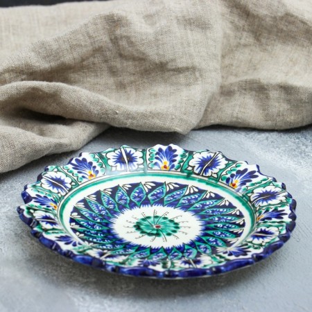 Plate of the Rishtan ceramics "Flowers", blue, embossed, 17cm