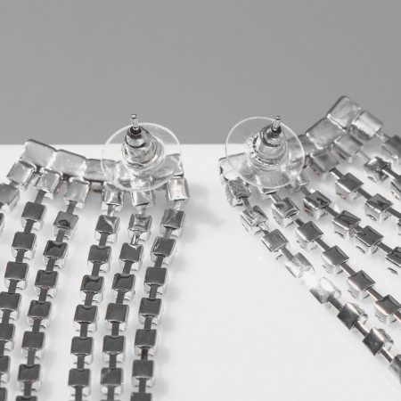 Hanging earrings with rhinestones "Waterfall" rows, white color in silver, 14 cm-1