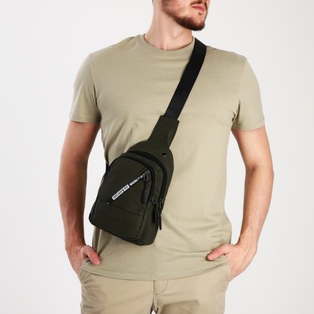 Male sling bag from textiles, headphones, green color-8