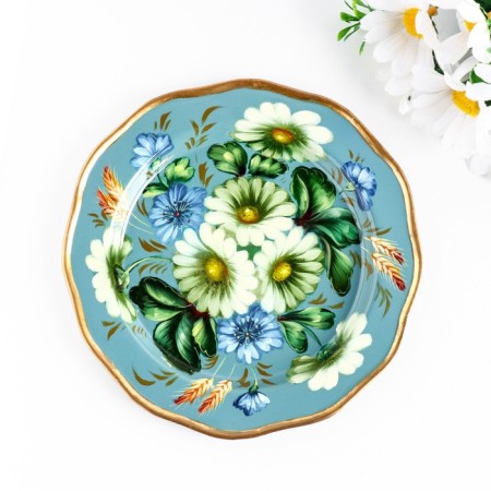 Zhostovsky tray "chamomile", blue, with copyright painting, d = 17 cm