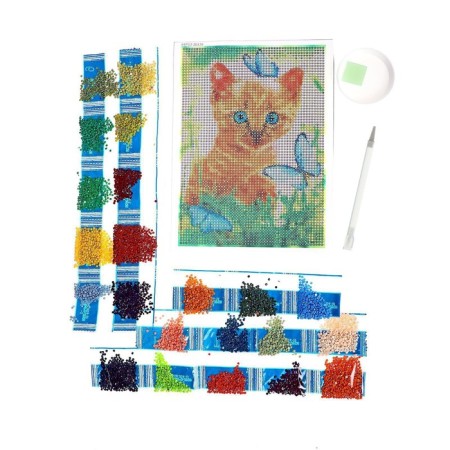Diamond mosaic with full filling on the canvas "Kitten with butterflies", 15 x 21 cm-2