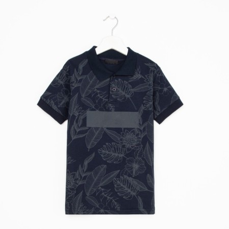 Polo T-shirt for a boy, dark blue color/print mix, height 128 cm