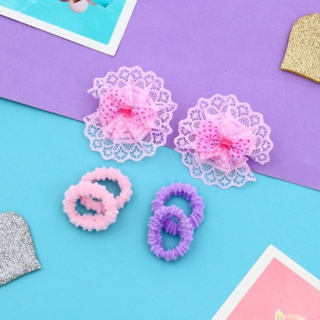 Hair elastic band "Lace" (set 6 pcs) bows, pink-lilac-1