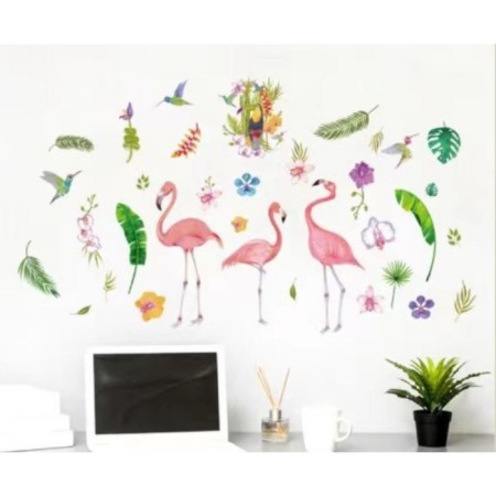 Interior color plastic sticker "Flamingo, Tukan and hummingbird" 60x90 cm