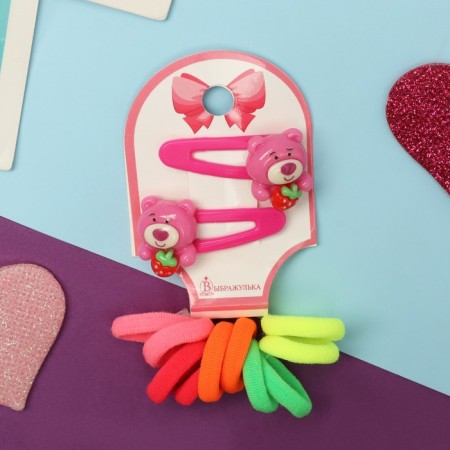 Caramel hair set (10 elastic bands 1.5 cm, 2 invisibility 3.5 cm) bears, pink