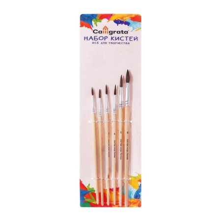 Set of brushes, round protein, 6 pcs: No. 1, 2, 3, 4, 5, 6, with wooden handles, blister-3
