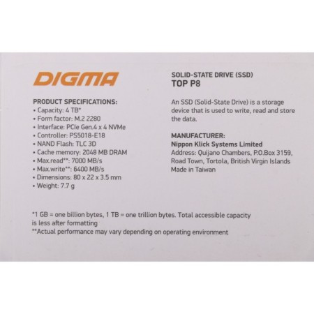 SSD Digma PCIE 4.0 X4 4TB DGST4004TP83T Top P8 M.2 2280-5