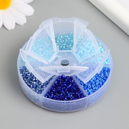 Glass 8/0 (3 mm) in the box "Blue" 6 colors x 10 g 8x8x2 cm