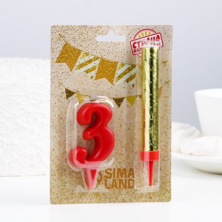 Candle for cake the number "oval" red "3" + fountain-1