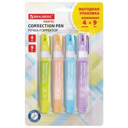 Corrector-pencil 9 ml Brauberg Paste, metal tip, 4 pieces-1
