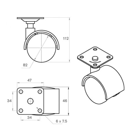 Furniture wheel, d = 82 mm, on the site, without brake, plastic, gray-1