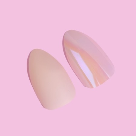Falbled nails, 24 pcs, with adhesive plates, form of almonds, matte/holography, beige color-1