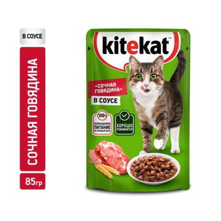 Wet Kitekat food for cats, beef in sauce, spider, 85 g