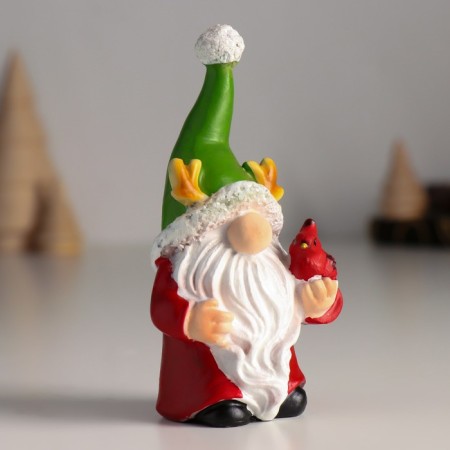 Polystone souvenir "Dwarf in a green hat with horns, with a bird" 4x5.5x10.5 cm-1