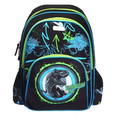 School backpack 38 x 27 x 17, ergonomic back, Devente Attomex Basic, T-Rex Dino, Black 7033443-2