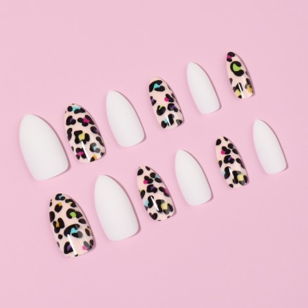 Leo patch nails, 12 pcs, with glue plates, the shape of the almonds, white, beige-1