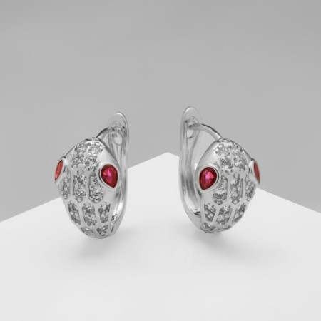 Earrings with rhinestones "Snake" obsession, white color in silver