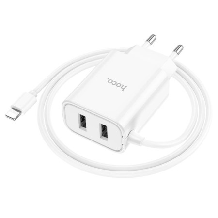 Network charger HOCO C103A, 2 USB, 2.1 A, built -in Lightning cable, 1 m, white-4