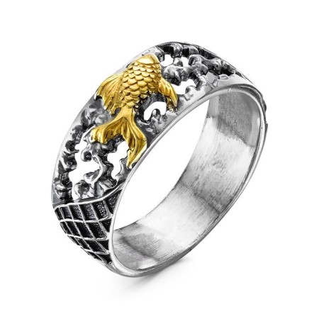 Ring "Golden Fish", echoing with oxidation, selective gilding, 20 size