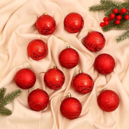 Set of balls plastic D-6 cm, 12 pcs "Glitter chain" red