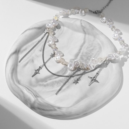 Choker-Kolie multi-layer "stars" pearl beads, white color in silver-3