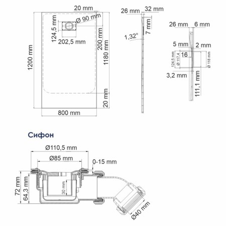 Show's pallet Wasserkraft Elbe06, 1200x800x26 mm, siphon, rectangular, fiberglass-1