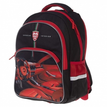 School backpack 41 x 29 x 16 cm, ergonomic back, Hatber Easy, Sport Car, Black/Red NRK_88069-2