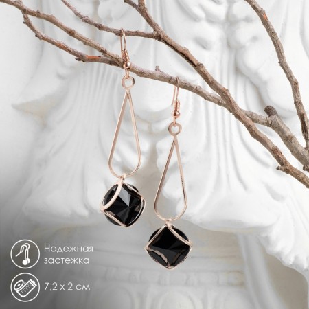 Hanging earrings with rhinestones "drop with a rhombus", black color in pink gold, 7.2 cm