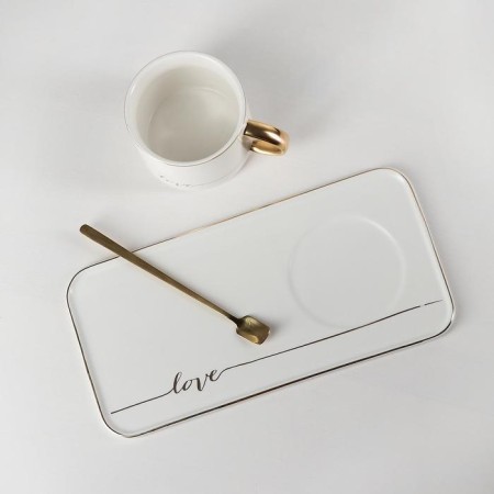 Tea couple ceramic with a spoon "Aesthetics", 2 items: a mug 250 ml, stand 24.5 × 12.5 cm, white color-1