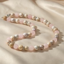 Beads Shar No. 10 “Mix of Stones” (pearls, pink quartz), 46 cm + 5 cm extension cord