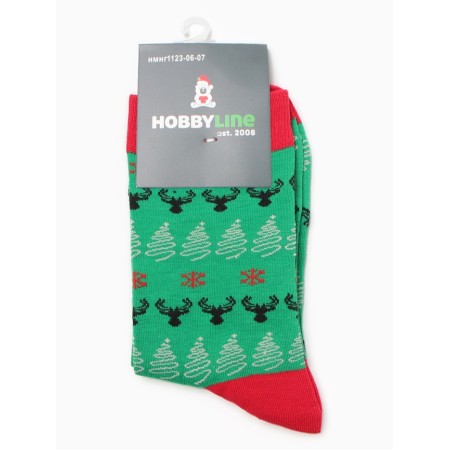 Male socks "Deer, Christmas trees and snowflakes", green color, rr 39-44-2