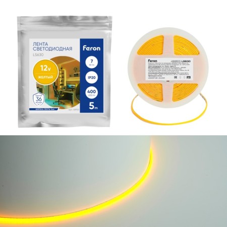 Feron 5 m, IP20, COB LED strip, 400 LED/m, 7 W/m, 12 V, glow of yellow
