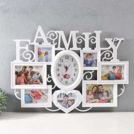Multipher with the clock "Family" plastic, 7 photos (10x15.10x10,13x18/2pcs, 13x13/1pc) cv. white
